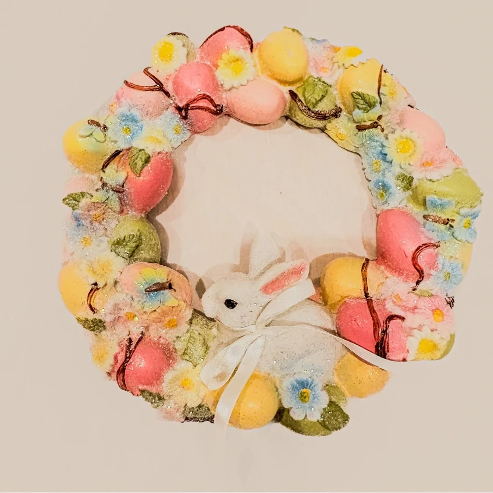 Vintage Easter Wreath Wall Decor Pair Bunny Egg Wreaths